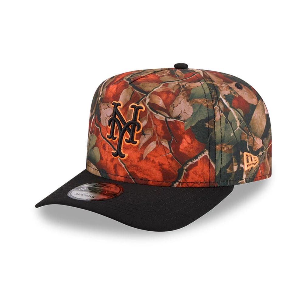New York Mets MLB Leaves Bright Orange New Era 9FIFTY A-Frame Snapback Cap, three-quarter view showing the black embroidered NY logo on the autumn leaves pattern front panel, black flat visor, and New Era flag logo on the left side.