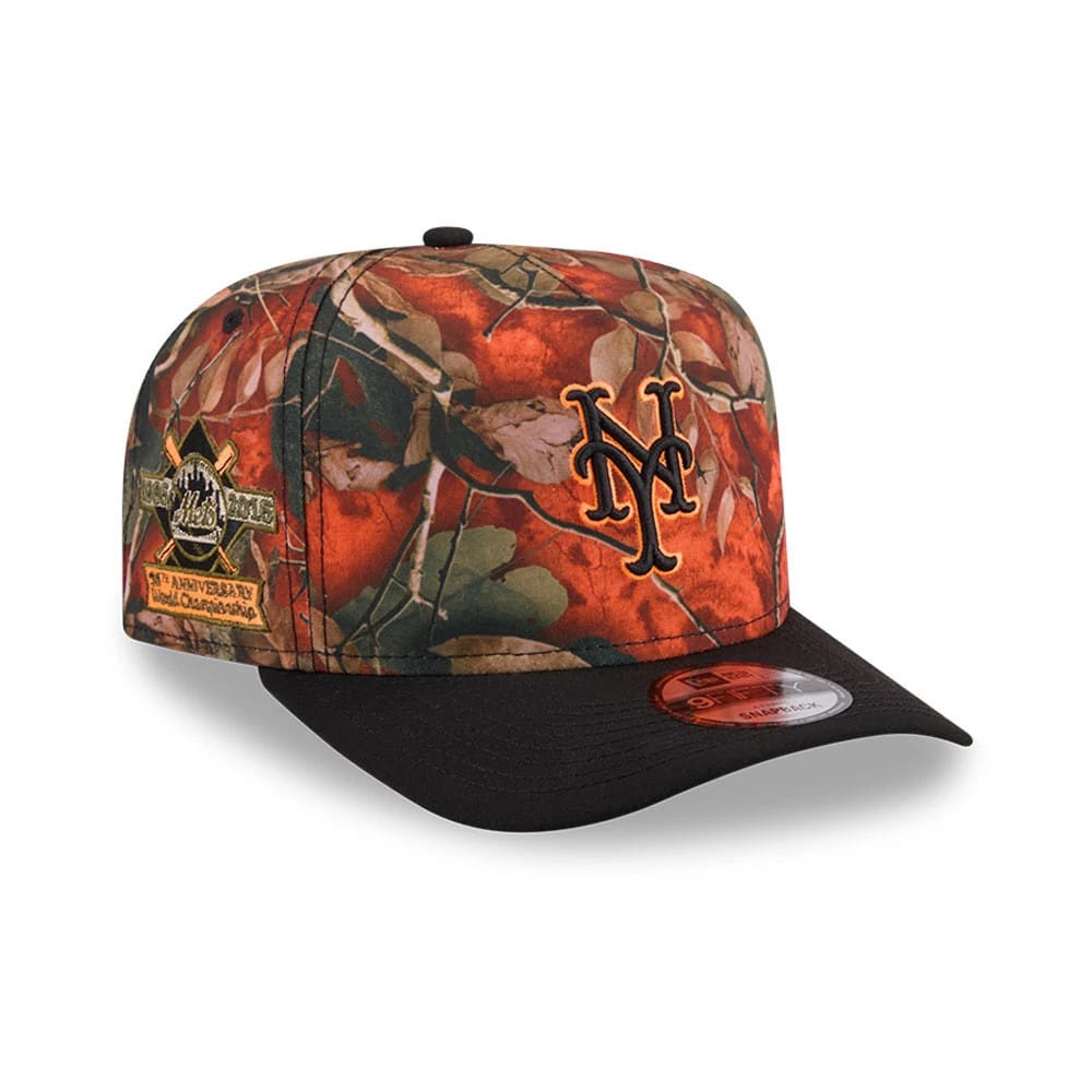 New York Mets MLB Leaves Bright Orange New Era 9FIFTY A-Frame Snapback Cap, three-quarter view showing the orange embroidered NY logo on a leaf-patterned crown with a black flat visor and a 9FIFTY size sticker.
