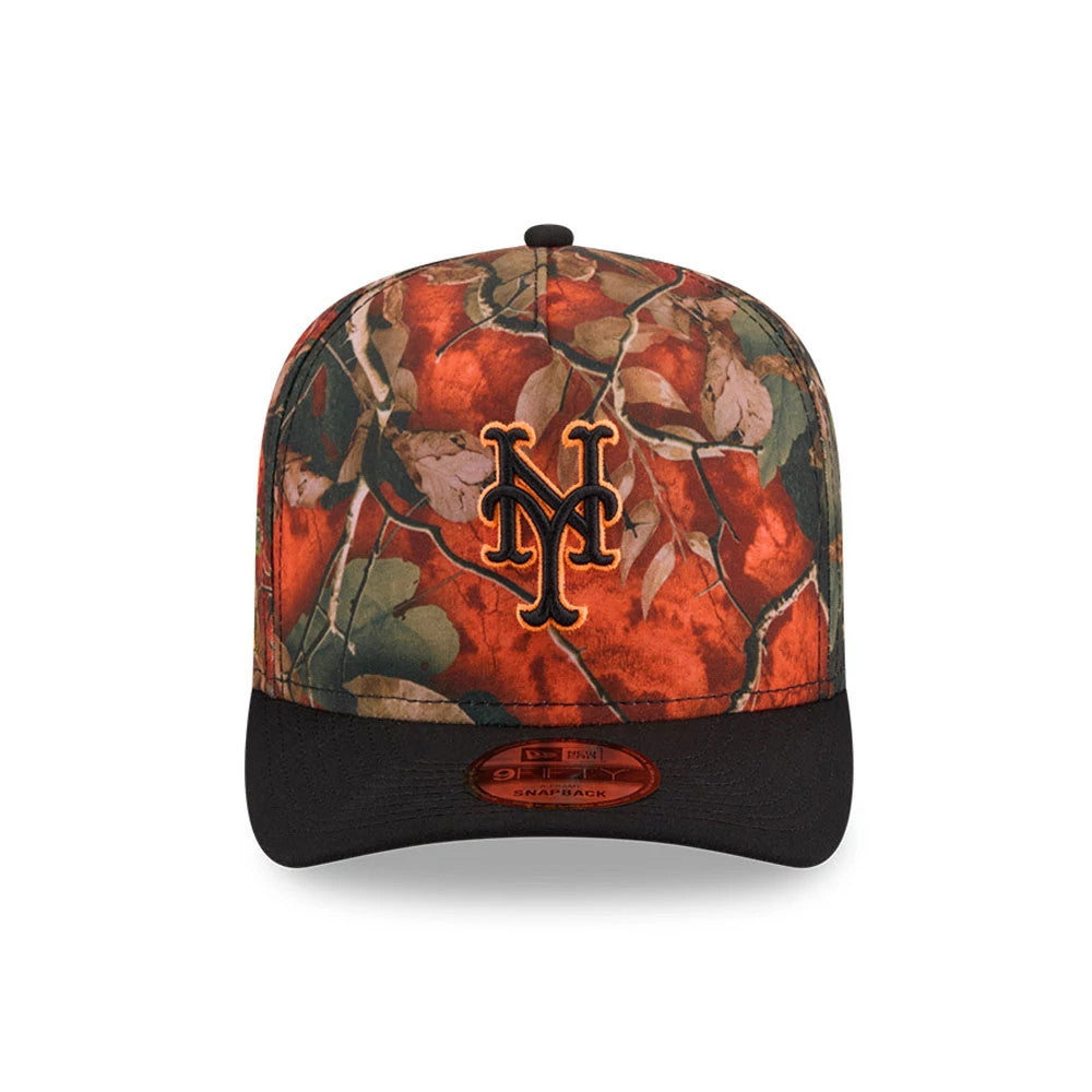 New York Mets MLB Leaves Bright Orange New Era 9FIFTY A-Frame Snapback Cap, front view showing the raised orange and black Mets logo embroidered on a leaf-patterned crown with a black visor and 9FIFTY size sticker on the visor.
