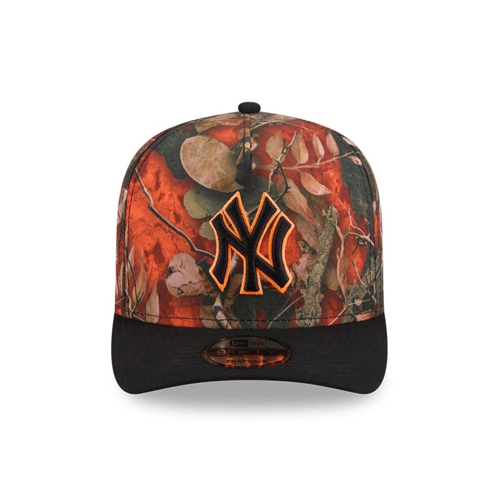New York Yankees MLB Leaves Bright Orange New Era 9FIFTY A-Frame Snapback Cap, front view showing a raised black and orange NY logo on a leaf-patterned crown, with a black visor and a 9FIFTY size sticker.