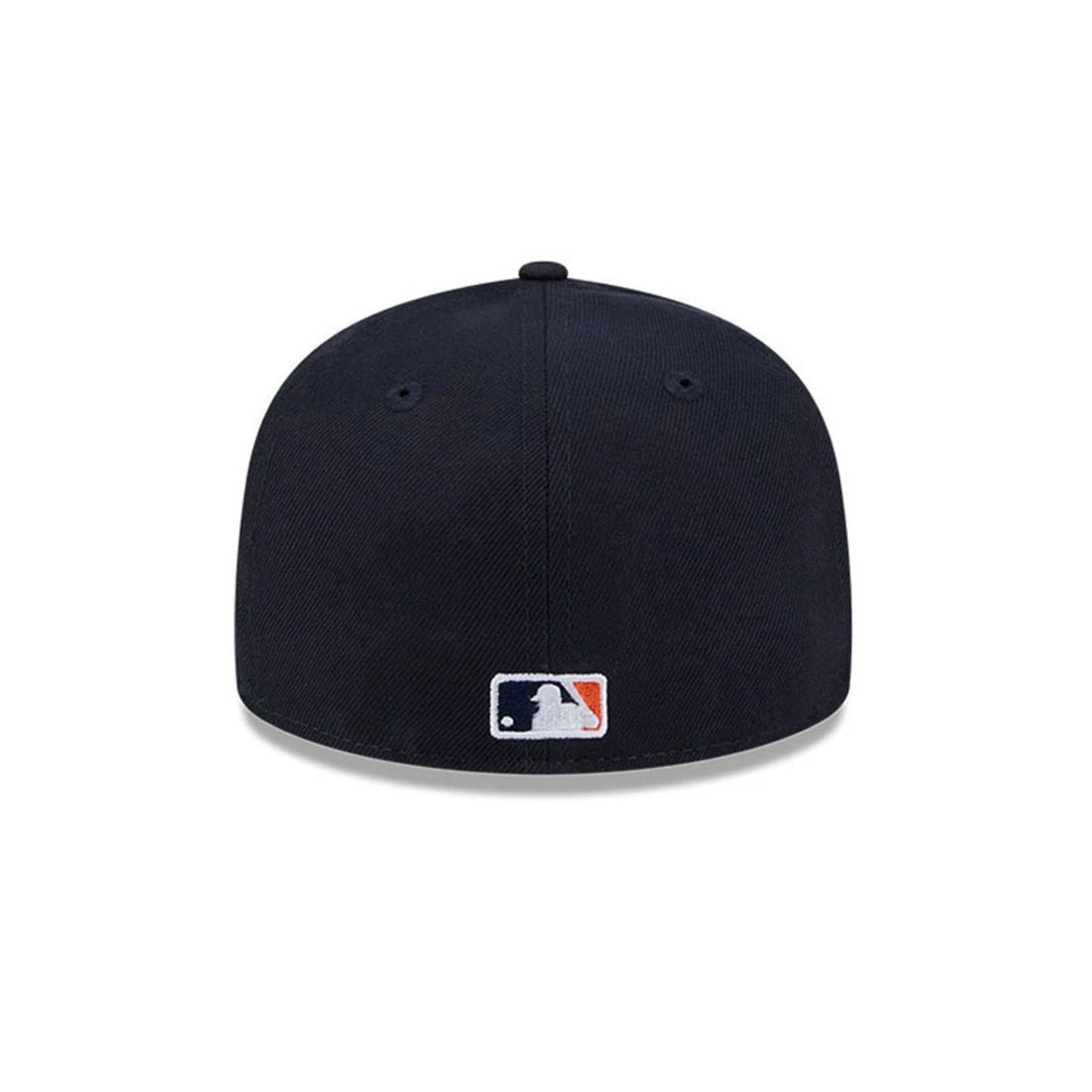 Detroit Tigers MLB Hidden Hit Navy New Era 59FIFTY Fitted Cap, rear view showing the white, navy and orange embroidered MLB Batterman logo at the centre of the back panels, offset by the dark navy crown.