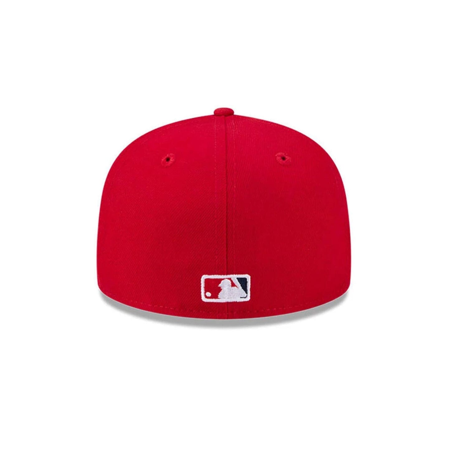 LA Angels MLB Hidden Hit Red New Era 59FIFTY Fitted Cap, rear view showing the MLB Batterman logo embroidered in white and blue at the centre of the back panels, with a red structured crown and matching eyelets.