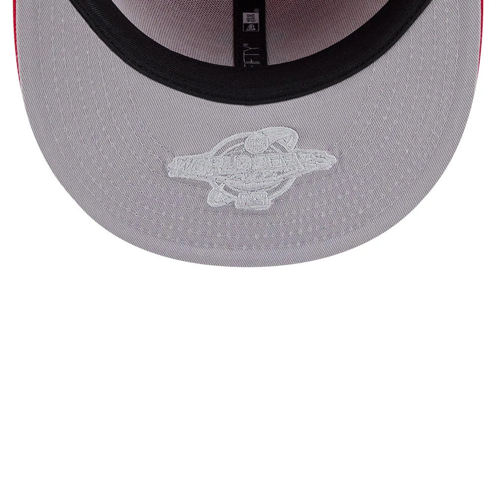 LA Angels MLB Hidden Hit Red New Era 59FIFTY Fitted Cap, inside view showing grey undervisor with white embroidered graphic, black sweatband and branded taping running across the crown.