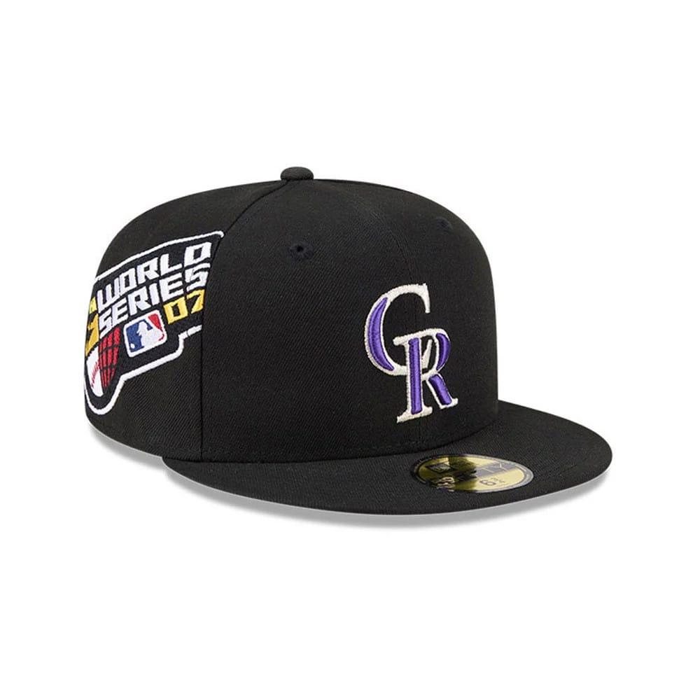 Colorado Rockies MLB Hidden Hit Black New Era 59FIFTY Fitted Cap, three-quarter view showing the raised purple CR logo on the front panel, with the 2007 World Series patch embroidered on the right side.