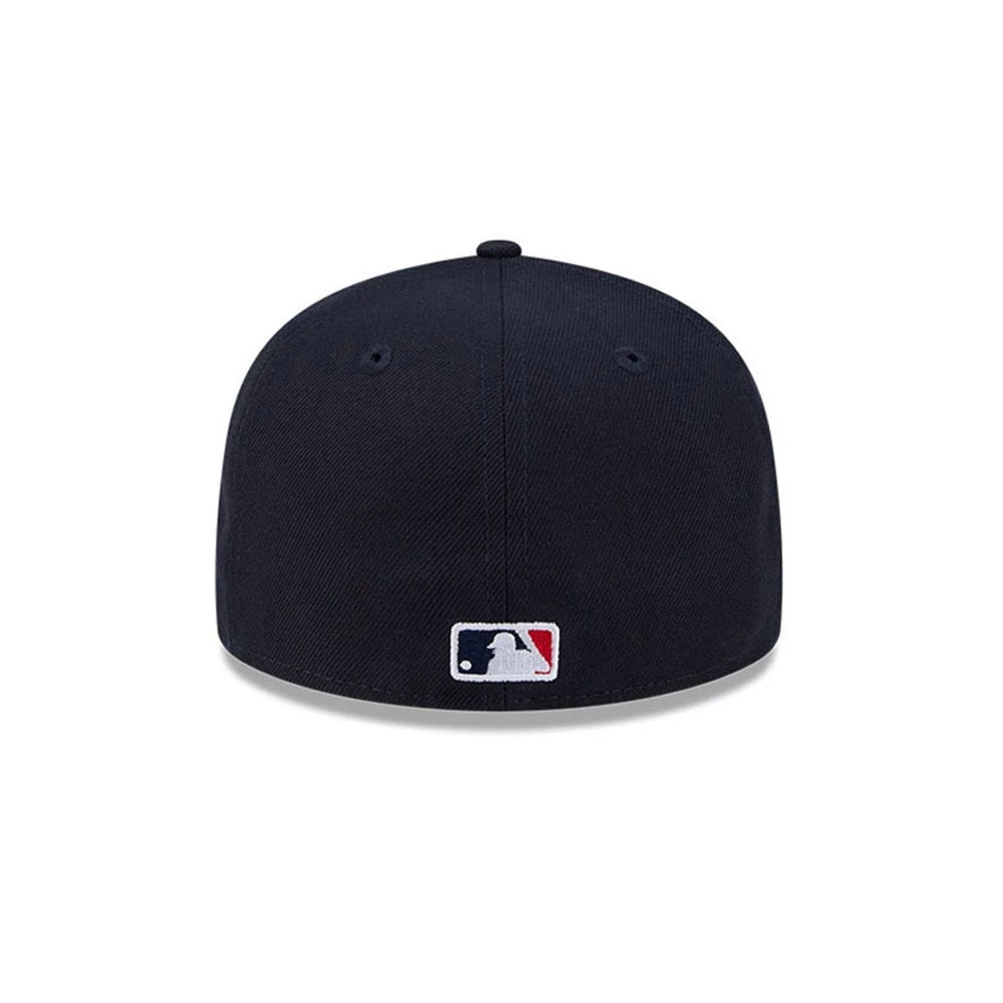 Boston Red Sox MLB Hidden Hit Navy New Era 59FIFTY Fitted Cap, rear view showing the white embroidered MLB Batterman logo at the centre of the back panels, set low on the structured navy crown.