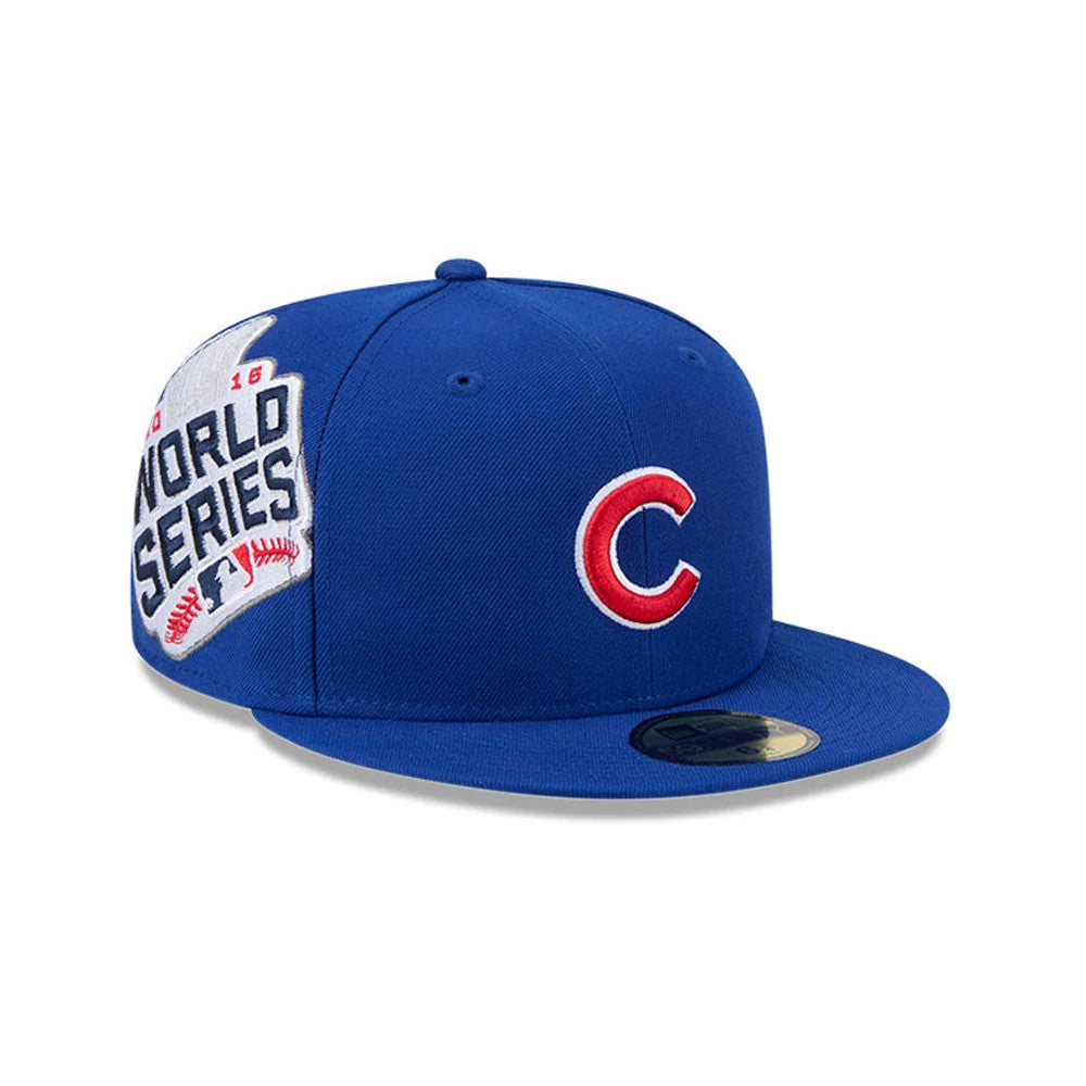 Chicago Cubs MLB Hidden Hit Blue New Era 59FIFTY Fitted Cap, three-quarter view showing the raised red and white C logo on the front panel, side World Series graphic with MLB logo and World Series trophy.