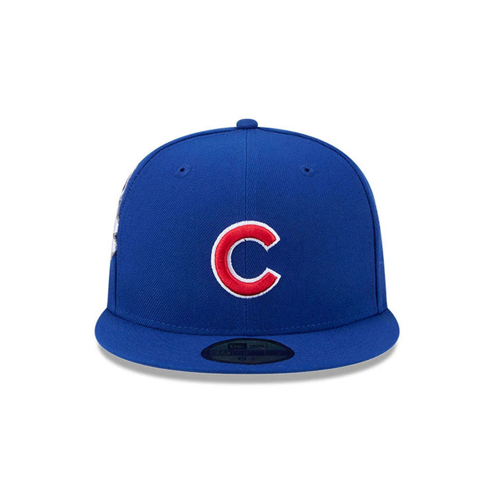 Chicago Cubs MLB Hidden Hit Blue New Era 59FIFTY Fitted Cap, front view showing the red and white embroidered C logo on the structured blue crown with a flat visor and dark blue 59FIFTY size sticker.