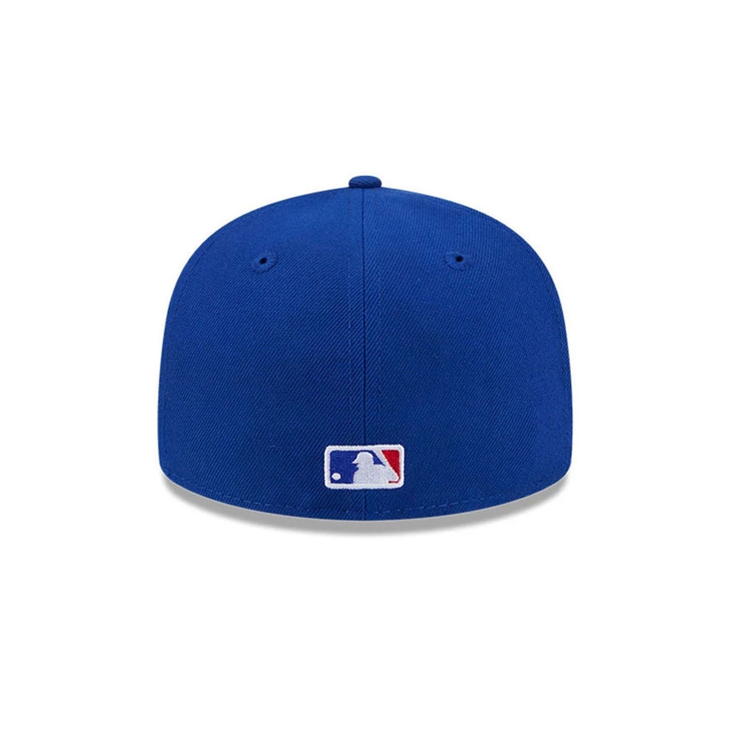 Chicago Cubs MLB Hidden Hit Blue New Era 59FIFTY Fitted Cap, rear view showing the embroidered MLB Batterman logo in blue, white, and red at the centre back, with a matching blue structured crown and top button.