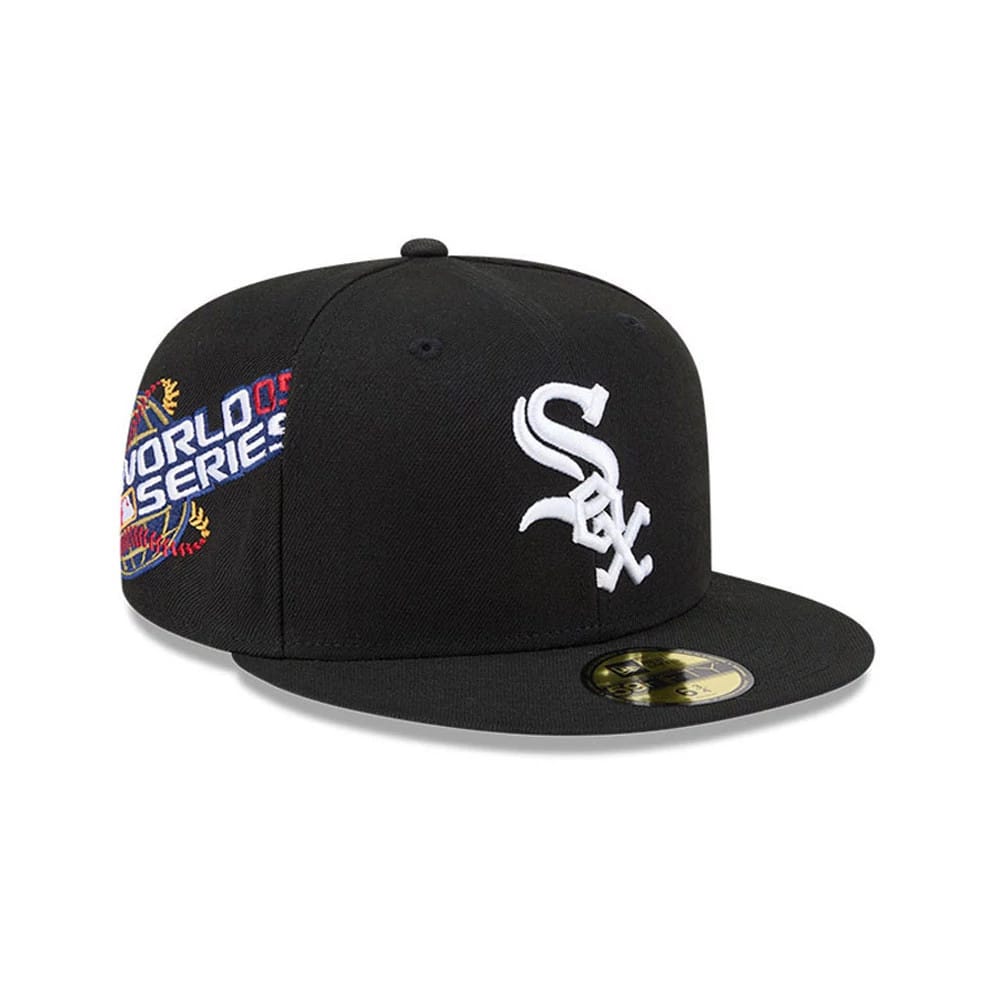 Chicago White Sox MLB Hidden Hit Black New Era 59FIFTY Fitted Cap, three-quarter view with a raised white Sox logo on the front panel, World Series graphic on the side, and a gold 59FIFTY size sticker on the black visor.