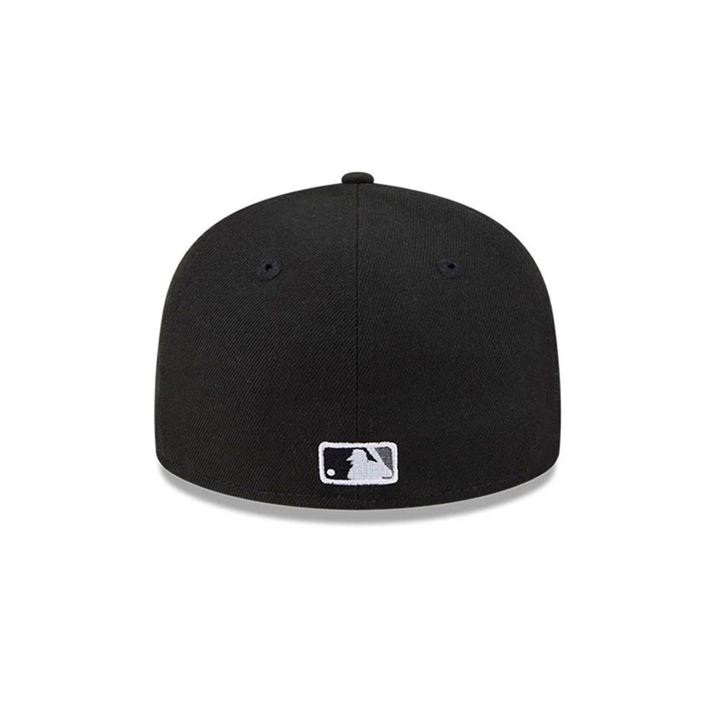 Chicago White Sox MLB Hidden Hit Black New Era 59FIFTY Fitted Cap, rear view showing the white embroidered MLB Batterman logo centred on the back panels, set low on the black structured crown with matching black eyelets and top button.