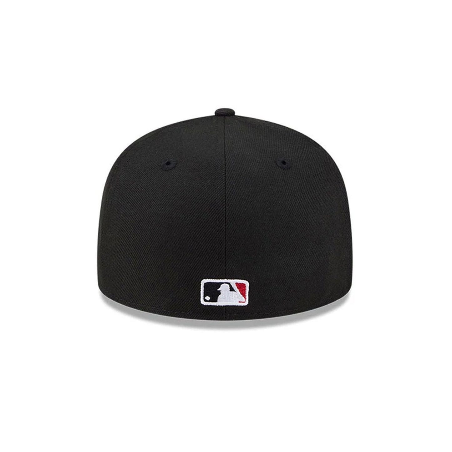 Arizona Diamondbacks MLB Hidden Hit Black New Era 59FIFTY Fitted Cap, rear view showing the embroidered MLB Batterman logo in white, blue, and red at the centre of the back panels on the structured black crown.