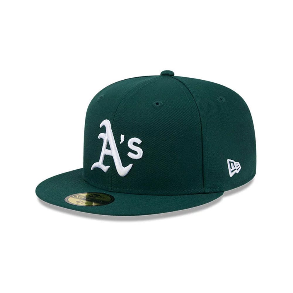 Athletics MLB Hidden Hit Dark Green New Era 59FIFTY Fitted Cap, three-quarter view showing the white raised embroidered A's logo on the front panel, dark green flat visor with a gold 59FIFTY size sticker, and New Era flag logo on the left side.