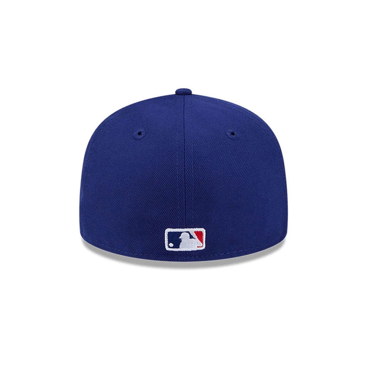 LA Dodgers MLB Hidden Hit Dark Blue New Era 59FIFTY Fitted Cap, rear view showing the white and red embroidered MLB Batterman logo centred on the back dark blue panels and matching top button.