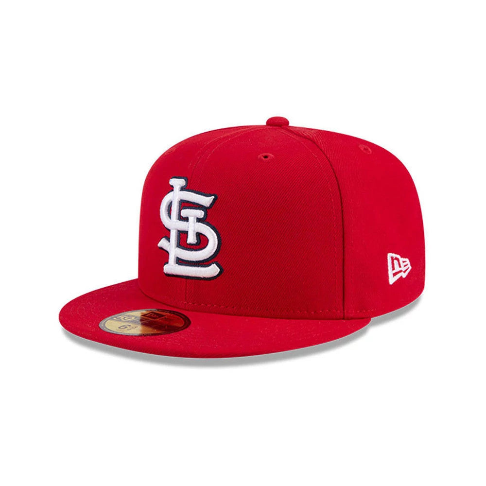 St. Louis Cardinals MLB Hidden Hit Red New Era 59FIFTY Fitted Cap, three-quarter view showing the raised white embroidered logo on the front panel, red flat visor with gold 59FIFTY size sticker, and New Era flag logo on the left side.