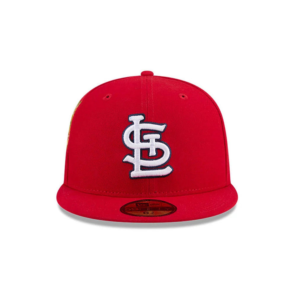 St. Louis Cardinals MLB Hidden Hit Red New Era 59FIFTY Fitted Cap, front view showing the raised white embroidered STL logo on the structured red crown, with a curved red visor and a gold 59FIFTY size sticker.