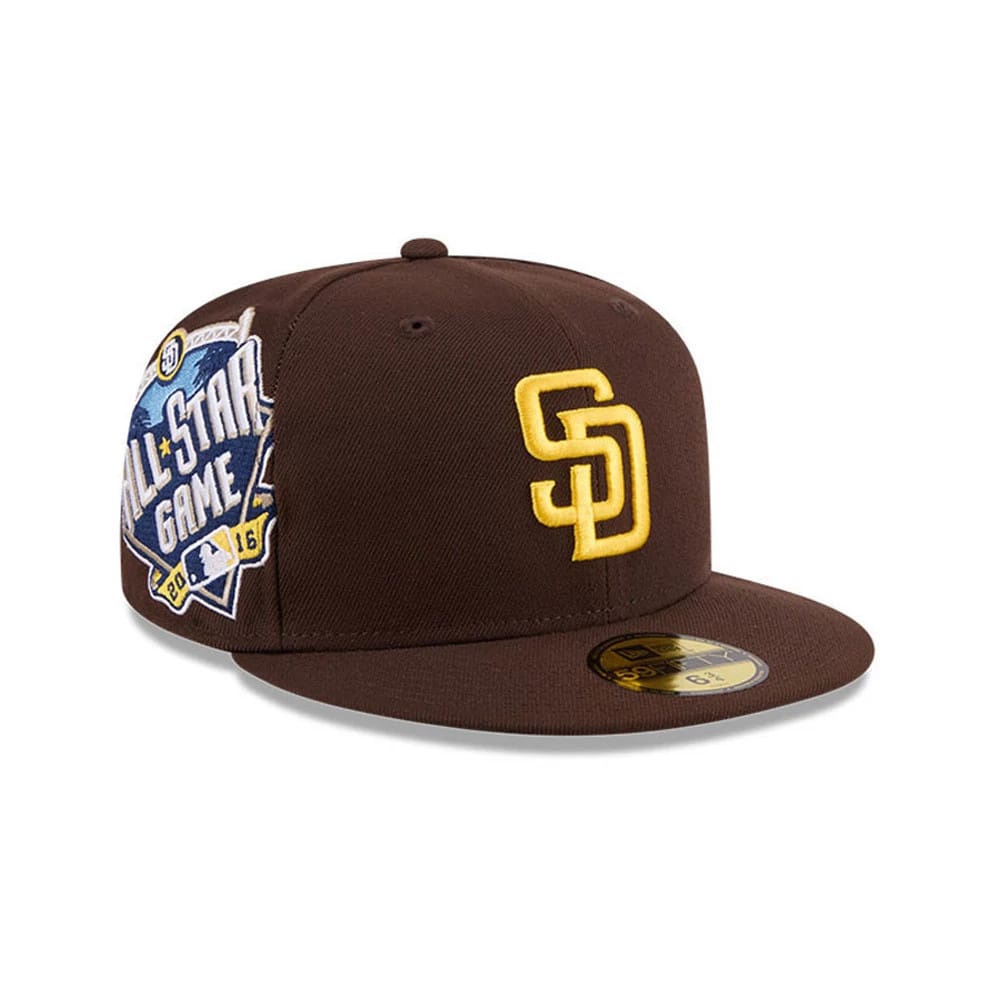 San Diego Padres MLB Hidden Hit Dark Brown New Era 59FIFTY Fitted Cap, three-quarter view showing the raised yellow SD logo on the front panels, a blue embroidered 2016 All-Star Game patch on the right side.