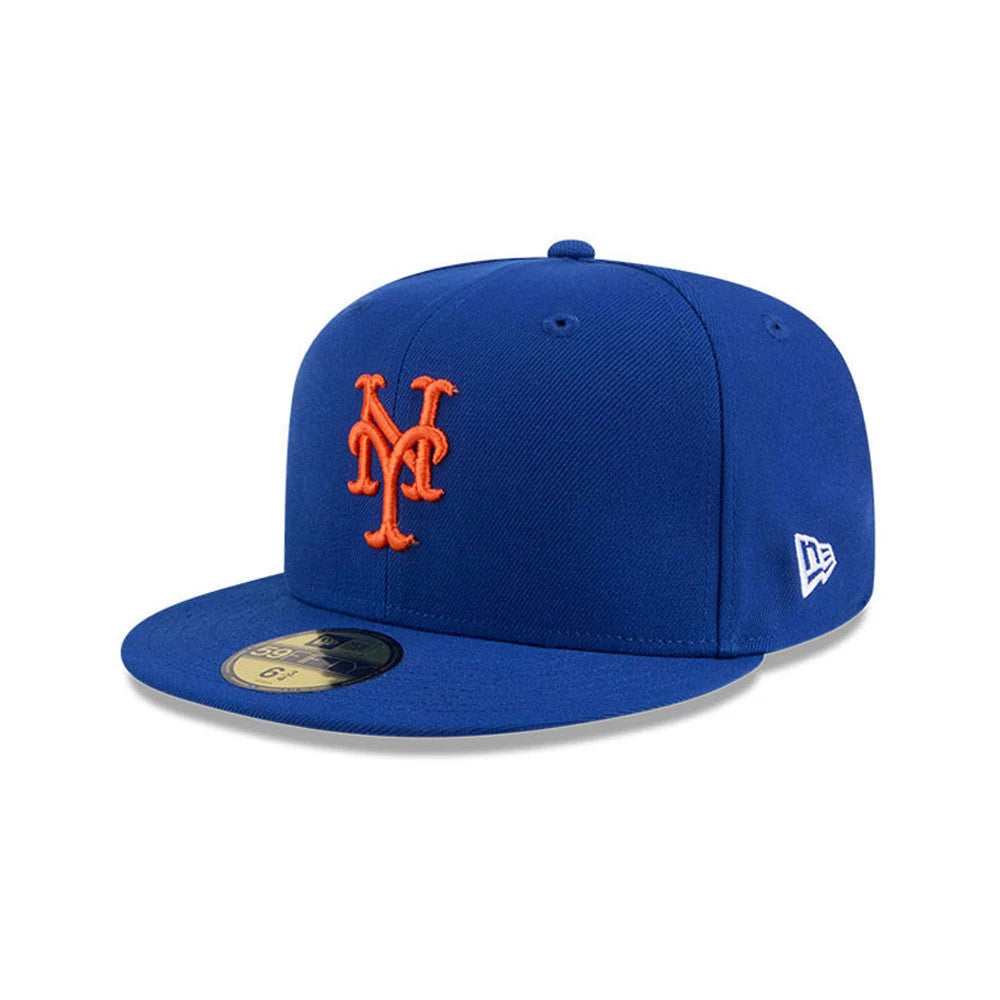 New York Mets MLB Hidden Hit Blue New Era 59FIFTY Fitted Cap, front view showing the raised orange Mets logo on the blue front panel, a matching blue flat visor with a gold 59FIFTY size sticker, and white New Era flag logo on the left side.