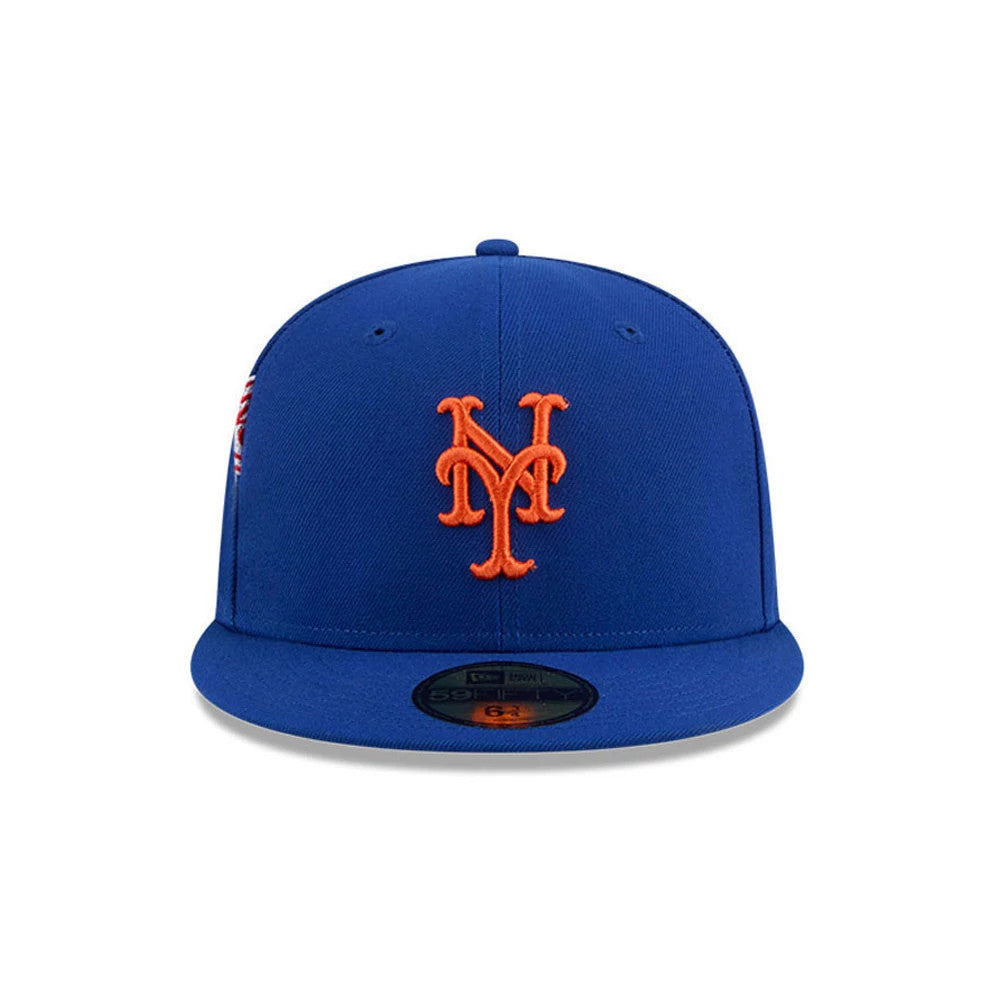 New York Mets MLB Hidden Hit Blue New Era 59FIFTY Fitted Cap, front view showing the raised orange Mets logo embroidered on the structured blue crown, with a flat blue visor and gold 59FIFTY size sticker.
