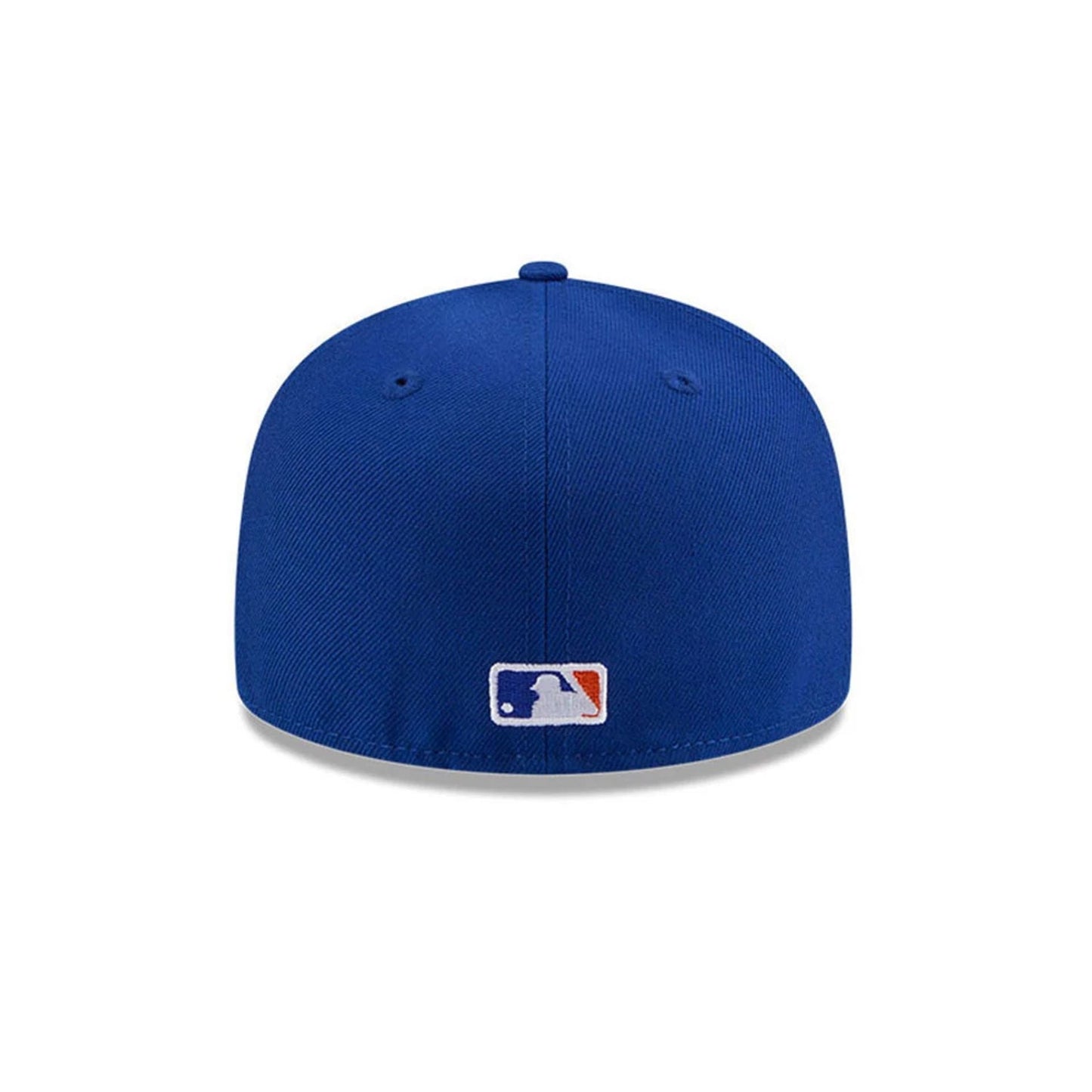 New York Mets MLB Hidden Hit Blue New Era 59FIFTY Fitted Cap, rear view showing the white and orange MLB Batterman logo at the centre of the back, set against the vivid blue structured crown with matching blue eyelets and a top button.