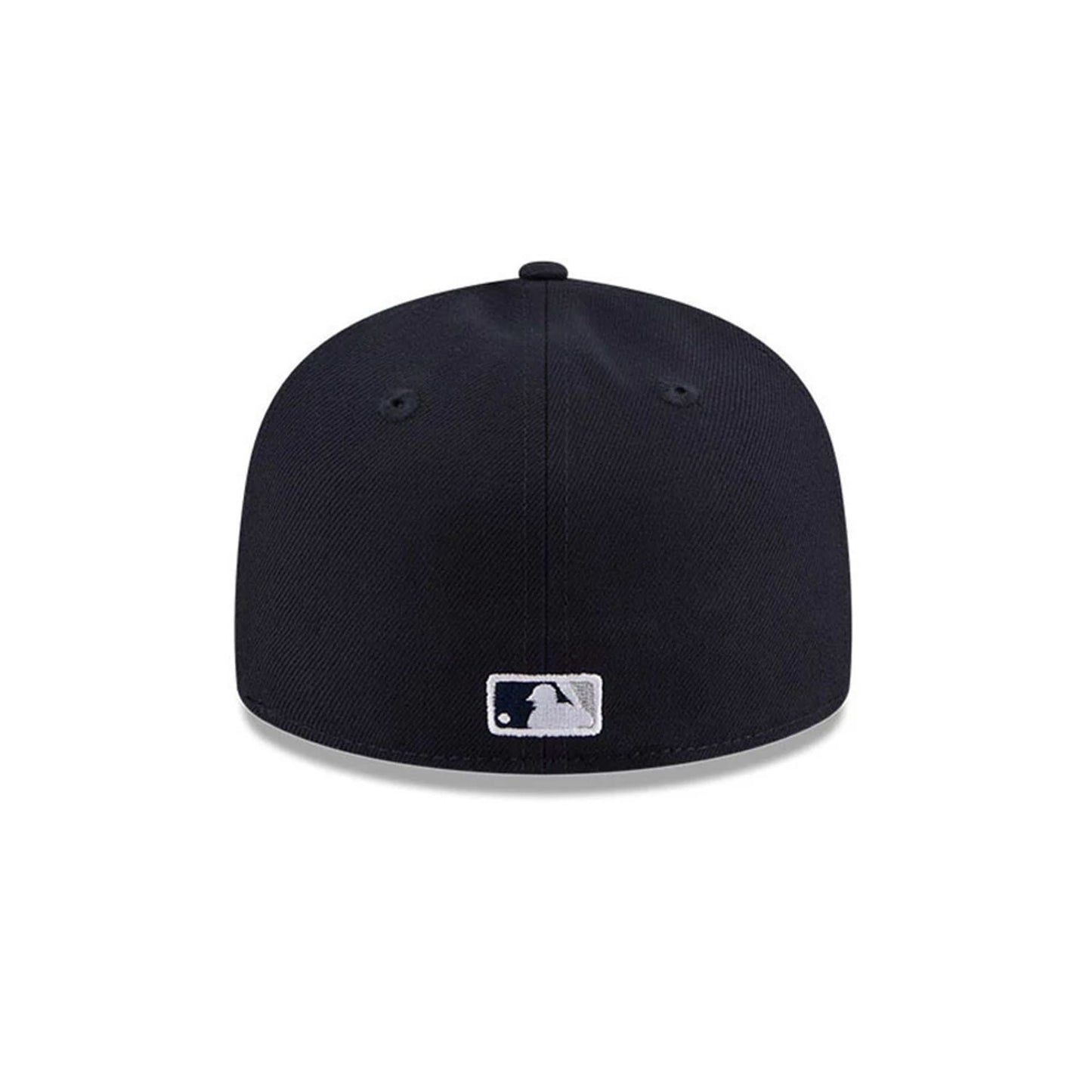 New York Yankees MLB Hidden Hit Navy New Era 59FIFTY Fitted Cap, rear view showing the white embroidered MLB Batterman logo at the centre back above the bottom edge of the structured navy crown.