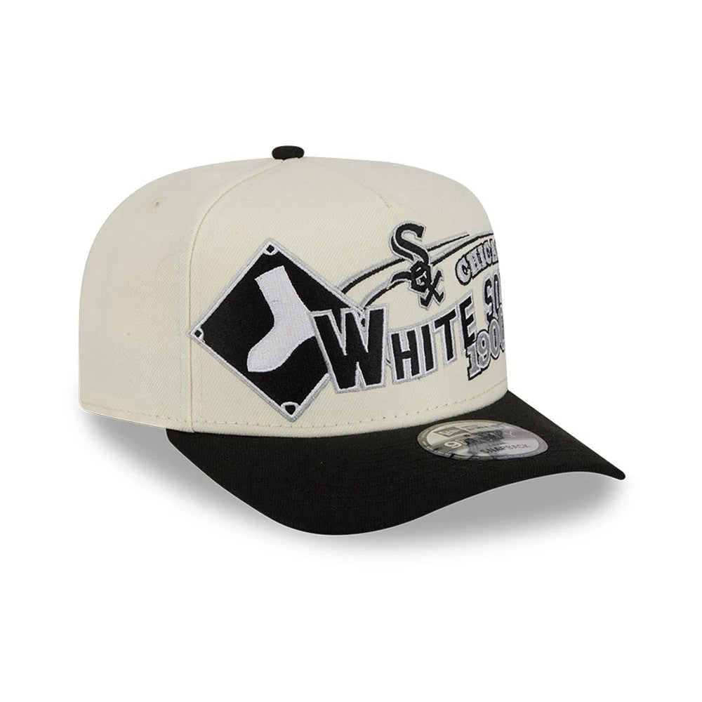 Chicago White Sox MLB Classic White New Era 9FIFTY A-Frame Snapback Adjustable Cap, three-quarter view showing black and white logos, an embroidered white sock design, and a black flat visor with a 9FIFTY size sticker.
