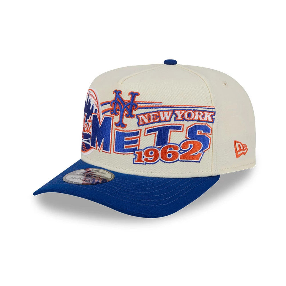 New York Mets MLB Classic Cream New Era 9FIFTY A-Frame Snapback Adjustable Cap, three-quarter view showing a blue and orange Mets graphic embroidery on the front panel, blue visor, and a 9FIFTY size sticker.