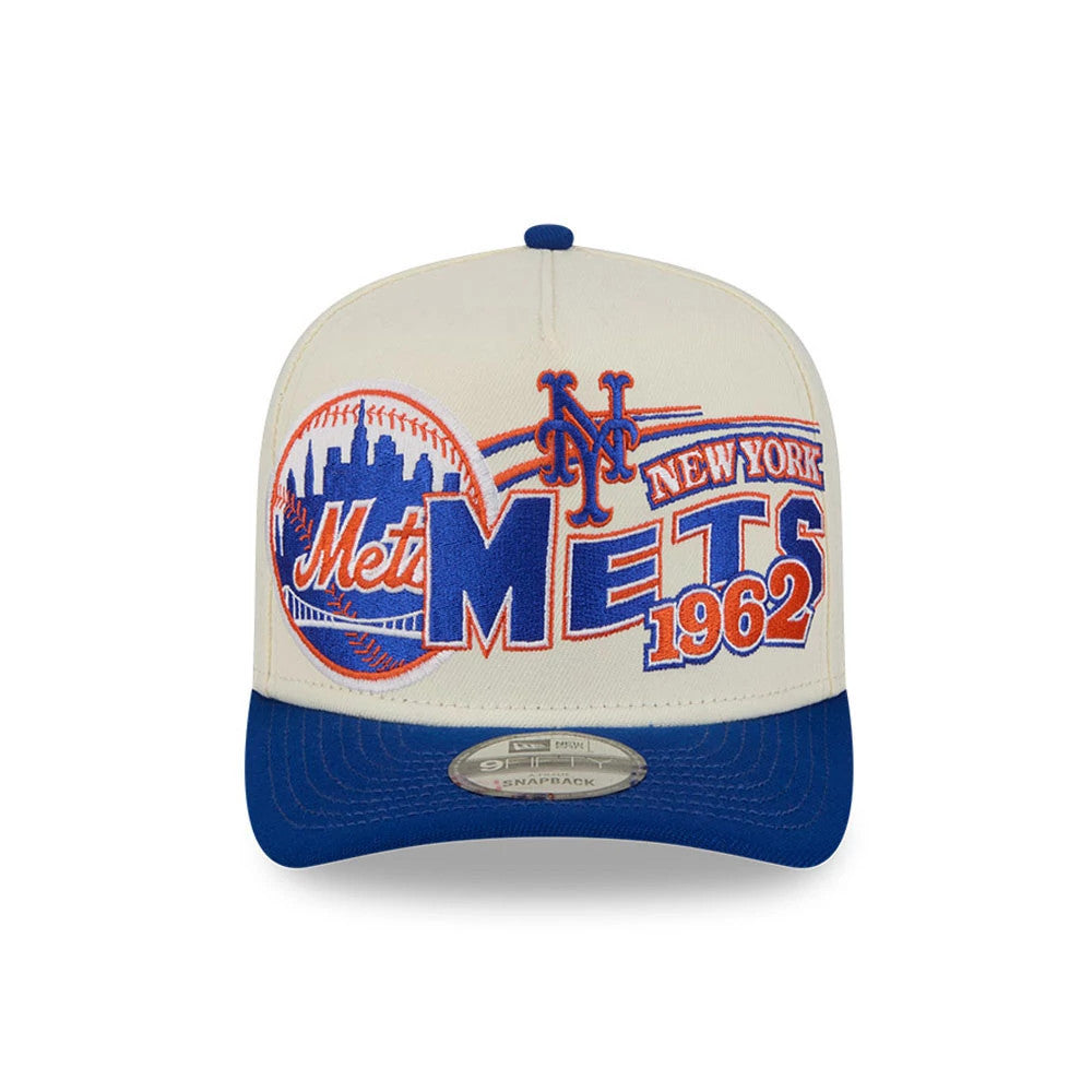 New York Mets MLB Classic Cream New Era 9FIFTY A-Frame Snapback Adjustable Cap, front view showing the detailed embroidered Mets logo in blue and orange with surrounding graphics, paired with a blue visor and 9FIFTY size sticker.