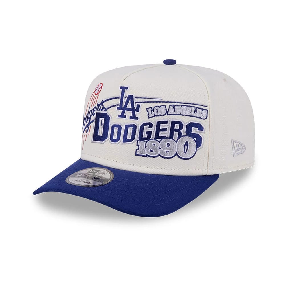 LA Dodgers MLB Classic White New Era 9FIFTY A-Frame Snapback Adjustable Cap, three-quarter view showing blue and white raised embroidery on the front panel with a grey New Era 9FIFTY size sticker on the blue visor.