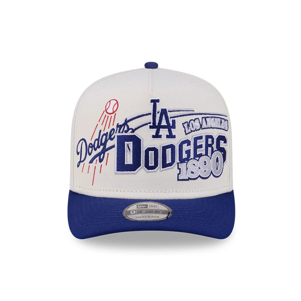 LA Dodgers MLB Classic White New Era 9FIFTY A-Frame Snapback Adjustable Cap, front view with raised blue and red embroidered Dodgers graphics on the structured white crown and a blue flat visor with a 9FIFTY size sticker.