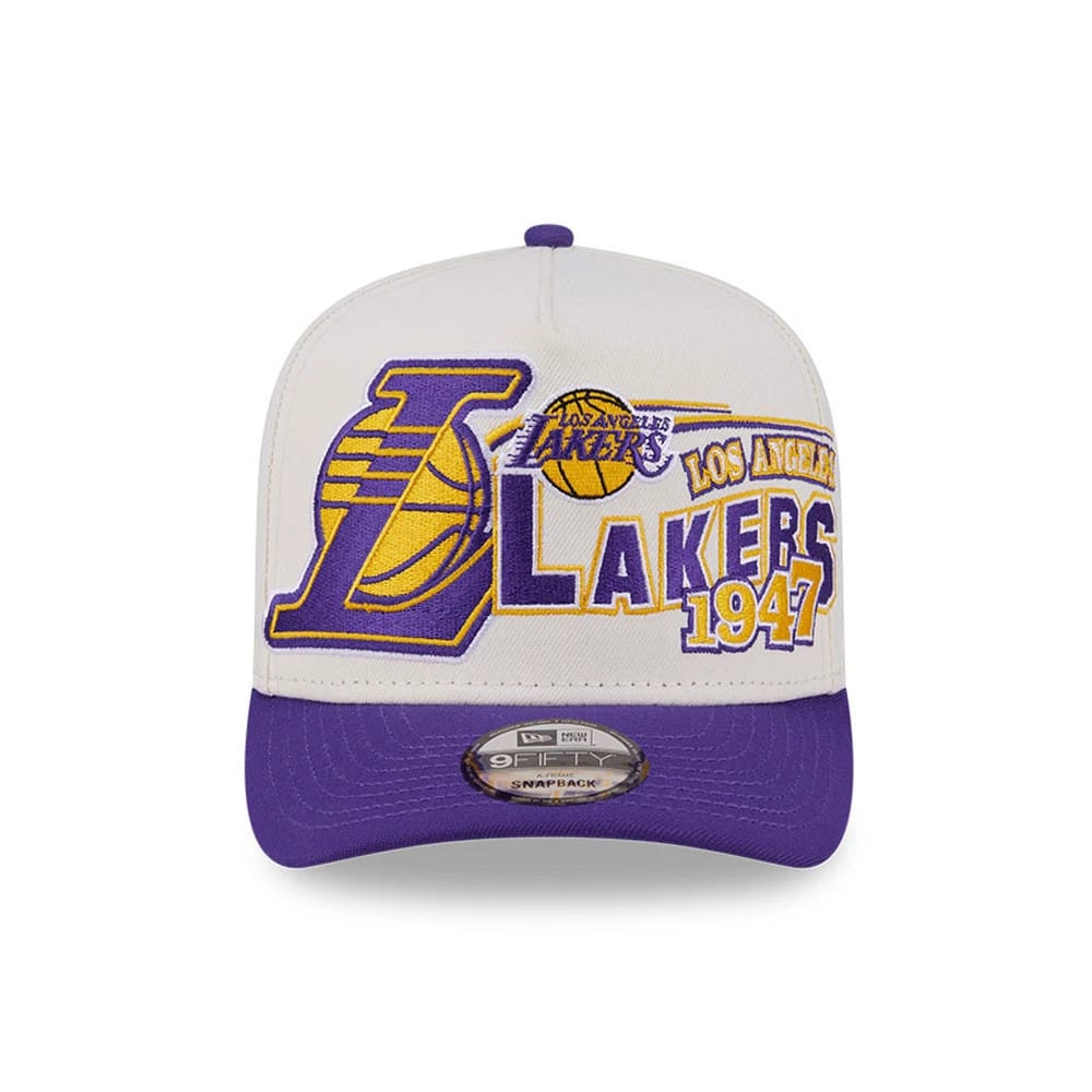 LA Lakers NBA Classic White New Era 9FIFTY A-Frame Snapback Adjustable Cap, front view showing a purple and gold Lakers logo with raised embroidery on the white front panel, paired with a purple flat visor and a 9FIFTY size sticker on the visor.