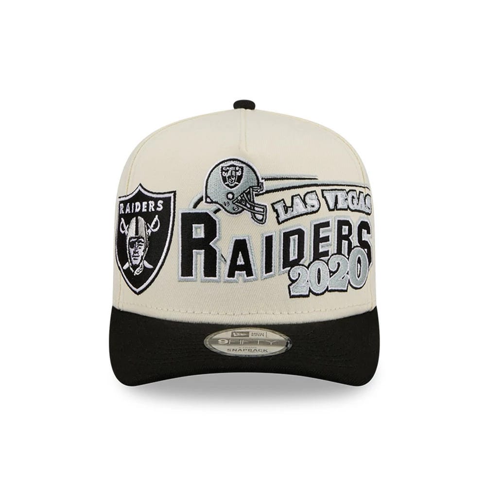 Las Vegas Raiders NFL Classic White New Era 9FIFTY A-Frame Snapback Adjustable Cap, front view showing black and silver embroidered team logos and text on the white front panels, with a black visor and 9FIFTY size sticker.