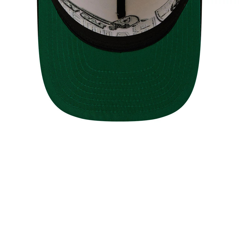 Las Vegas Raiders NFL Classic White New Era 9FIFTY A-Frame Snapback Adjustable Cap, inside view showing the green undervisor with printed black and white graphics beneath, and the dark sweatband lining the interior edge.