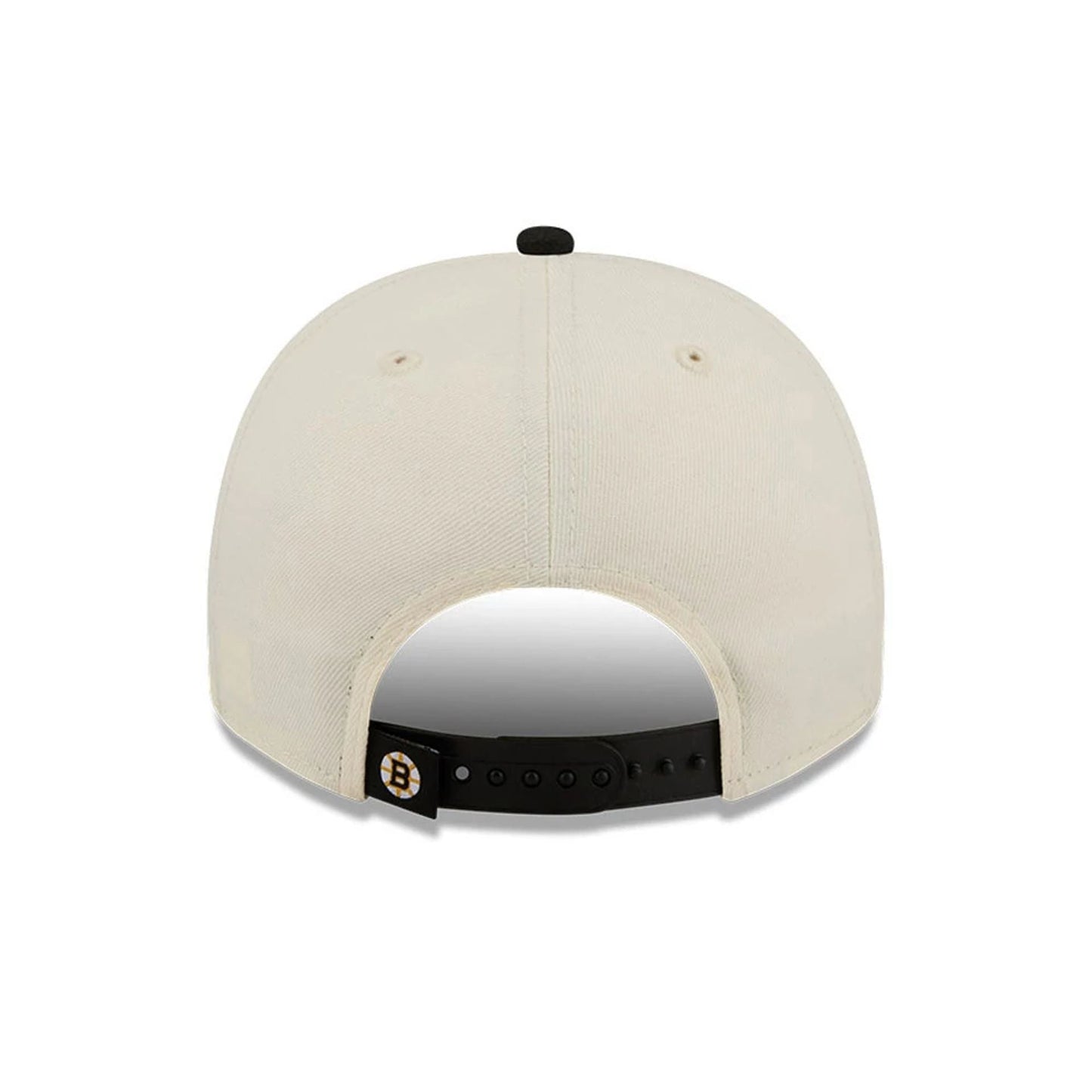 Boston Bruins NHL Classic White New Era 9FIFTY A-Frame Snapback Adjustable Cap, rear view showing the black and white embroidered Bruins logo on the back strap, with a white structured crown and black top button.