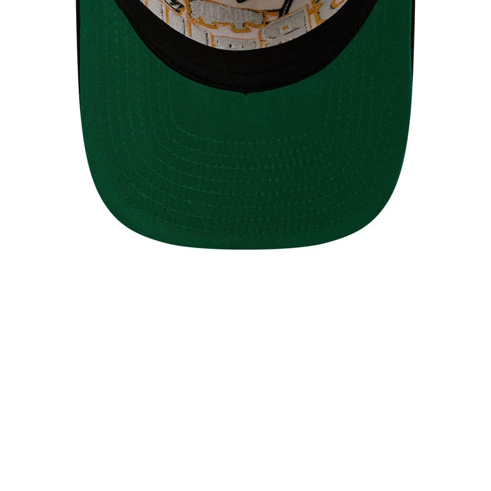 Boston Bruins NHL Classic White New Era 9FIFTY A-Frame Snapback Adjustable Cap, inside view showing the green undervisor and black sweatband with a gold patterned lining beneath the structured crown.