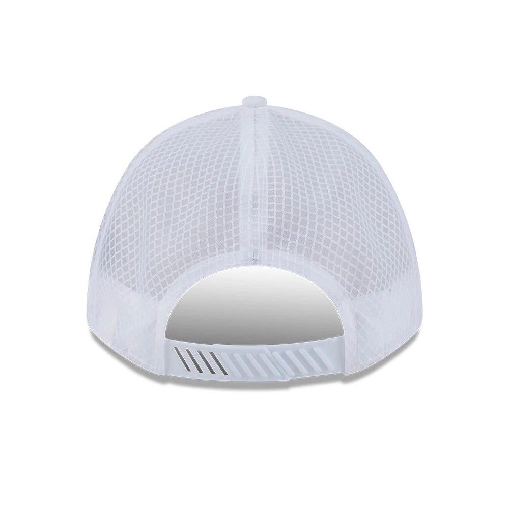 Chicago White Sox MLB Badged White New Era 9FORTY M-Crown A-Frame Trucker Cap, rear view showing the adjustable snapback closure and white mesh panels arching from the top button to the back opening.