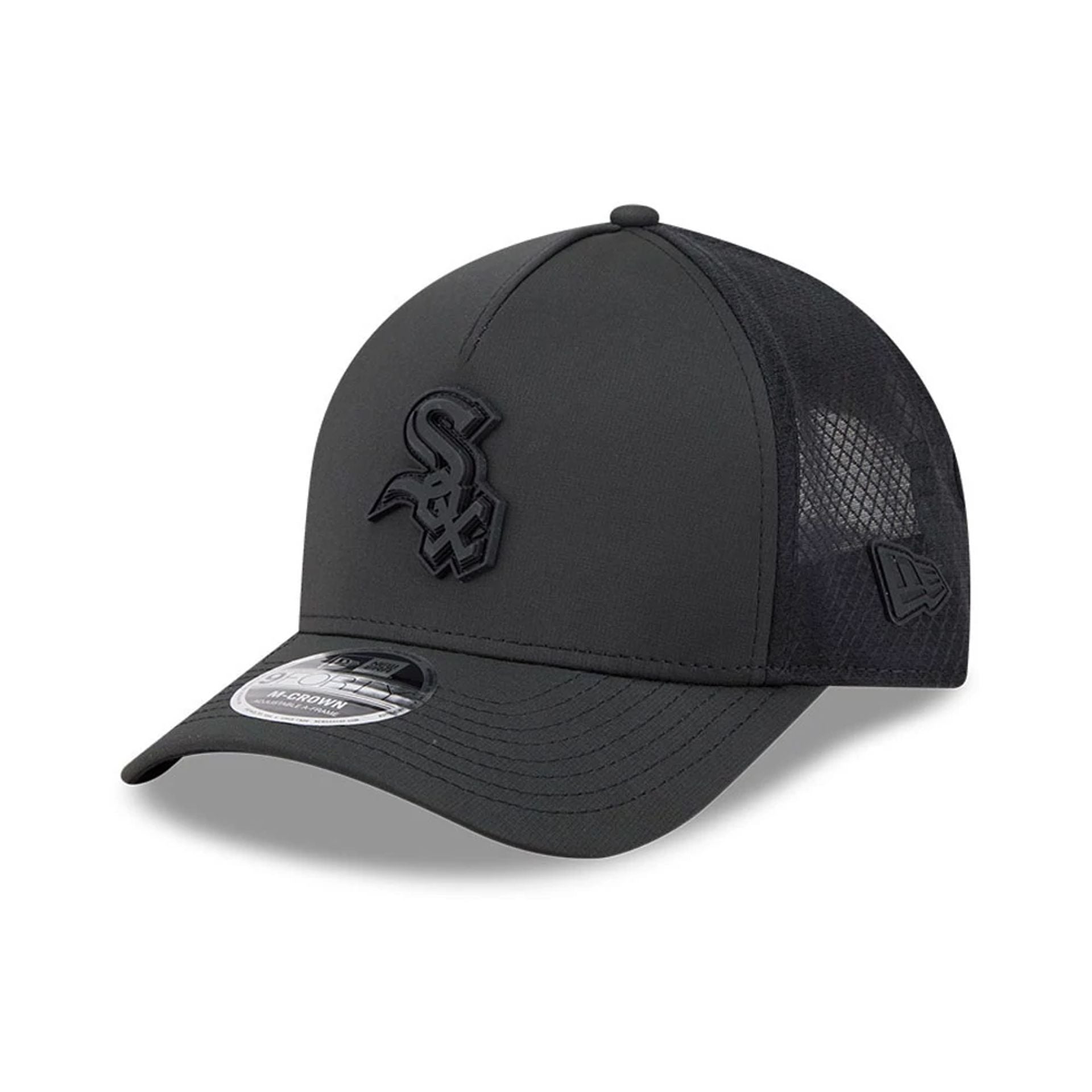 Pictured is this MLB Badged Chicago White Sox 9FORTY M-Crown A-Frame Trucker cap in black. 1