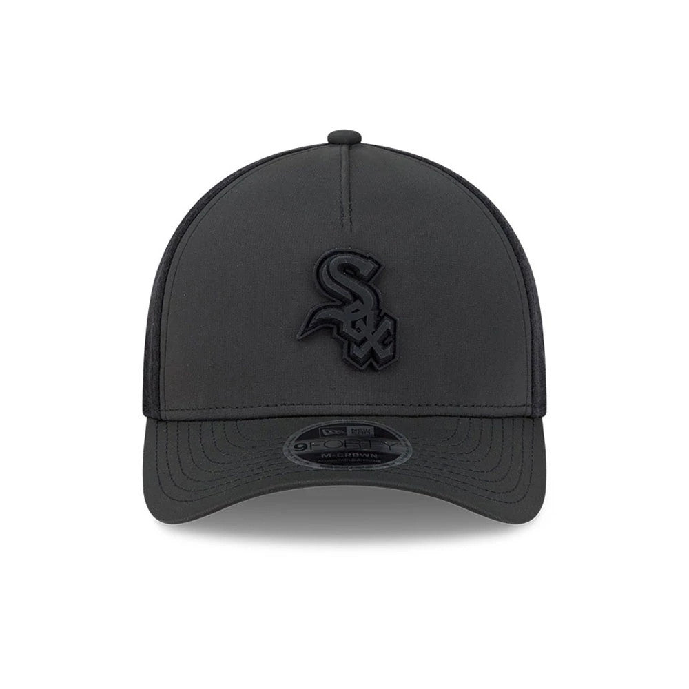 Pictured is this MLB Badged Chicago White Sox 9FORTY M-Crown A-Frame Trucker cap in black. 3