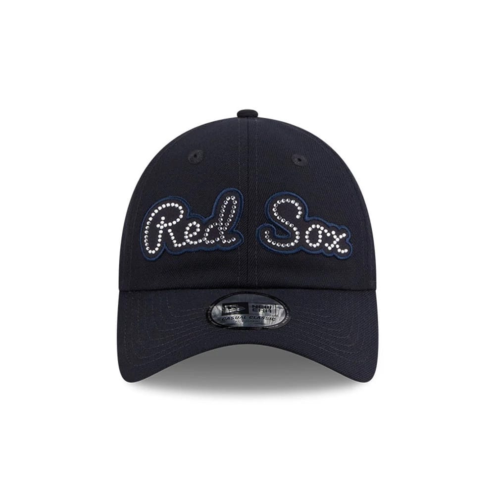 New Era Boston Red Sox MLB Rhinestone Navy Casual Classic Adjustable Cap, front view showing rhinestone-studded Red Sox lettering embroidered on the structured navy crown, with a pre-curved navy visor and New Era Casual Classic size sticker.