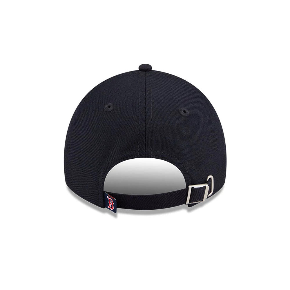 New Era Boston Red Sox MLB Rhinestone Navy Casual Classic Adjustable Cap, rear view showing the embroidered Red Sox logo on the navy strap with a clasp, centred on the back panels below the top button.
