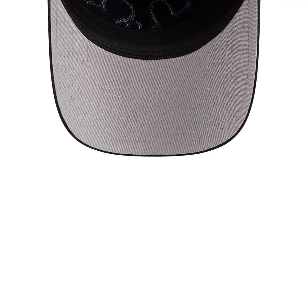New Era Boston Red Sox MLB Rhinestone Navy Casual Classic Adjustable Cap, underside view showing a grey undervisor with a decorative pattern, complemented by the black stitching and reinforced edges.