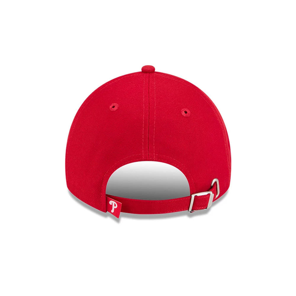 New Era Philadelphia Phillies MLB Rhinestone Red Casual Classic Adjustable Cap, rear view showing the red strap with a white embroidered P logo, a silver buckle closure, and the top button and eyelets on the structured red crown.
