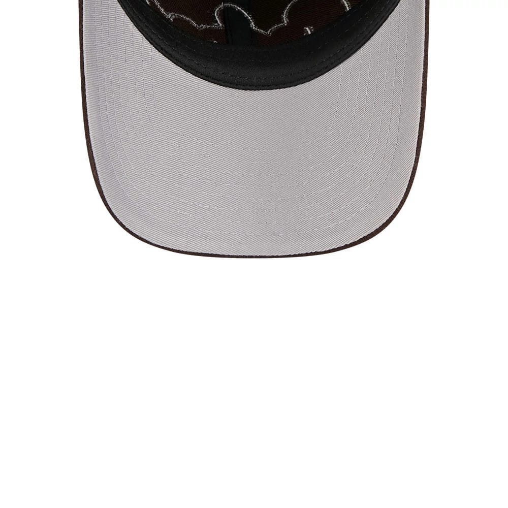 New Era San Diego Padres MLB Rhinestone Dark Brown Casual Classic Adjustable Cap, inside view showing the of the black sweatband, dark brown crown interior, and white taping beneath the light grey undervisor.