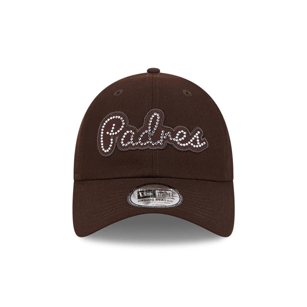 New Era San Diego Padres MLB Rhinestone Dark Brown Casual Classic Adjustable Cap, front view showing the rhinestone-embellished Padres script logo on the structured crown and a 9FORTY size sticker on the dark brown curved visor.