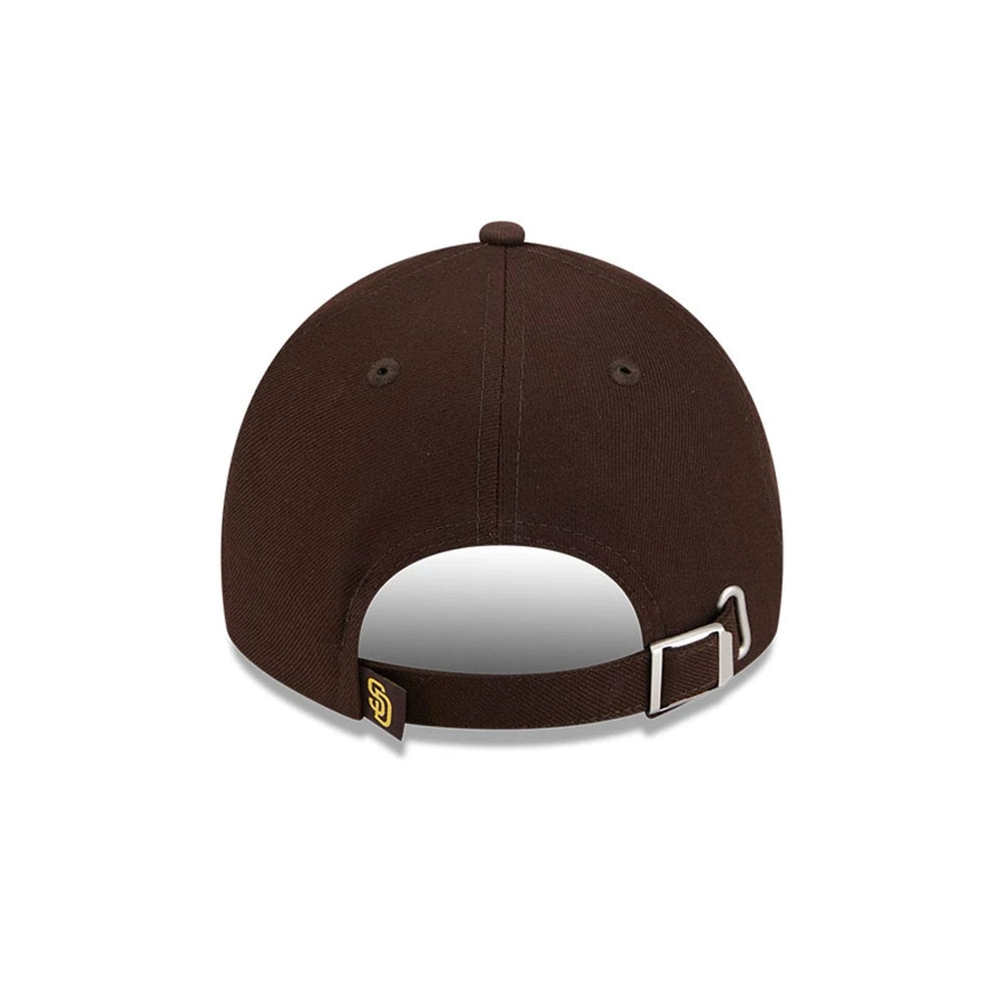New Era San Diego Padres MLB Rhinestone Dark Brown Casual Classic Adjustable Cap, rear view showing the yellow SD logo on the strap, with a silver buckle, and two dark brown embroidered eyelets on a structured dark brown crown.