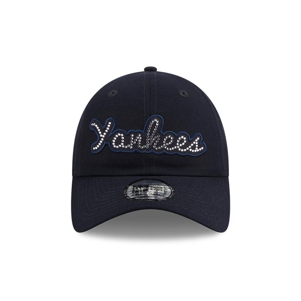 New York Yankees MLB Rhinestone Navy New Era Casual Classic Adjustable Cap, front view showing the rhinestone-encrusted Yankees script logo in white embroidery on the structured navy crown, with a curved visor and 9FORTY size sticker.