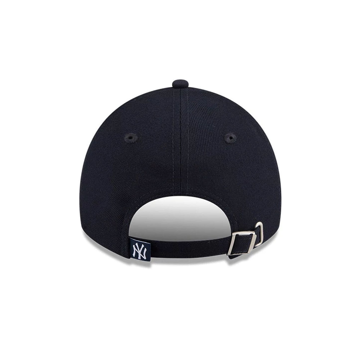 New Era New York Yankees MLB Rhinestone Navy Casual Classic Adjustable Cap, rear view showing the white embroidered NY logo on the navy strap, alongside a silver buckle and eyelets on the navy panels.
