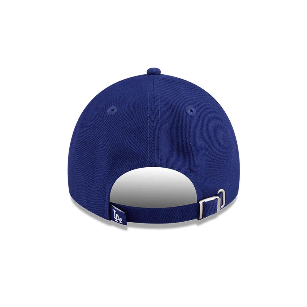New Era LA Dodgers MLB Rhinestone Dark Blue Casual Classic Adjustable Cap, rear view featuring the white embroidered LA logo on the dark blue adjustable strap, with a buckle and pronounced top button on the crown.