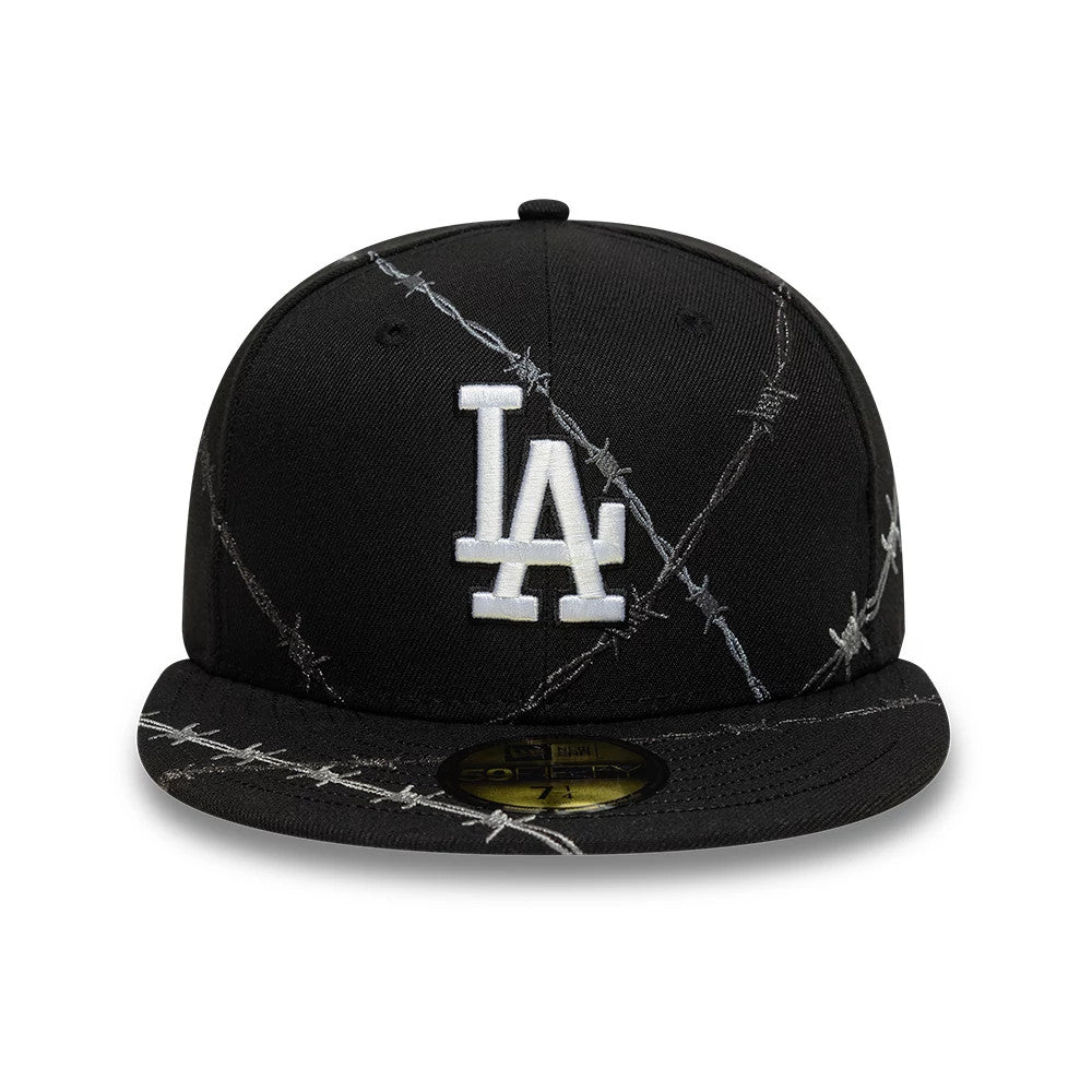 LA Dodgers MLB Wire Black New Era 59FIFTY Fitted Cap, front view showing the raised white LA logo embroidered on the front panel with barbed wire graphic across the crown and visor, featuring a gold 59FIFTY size sticker.
