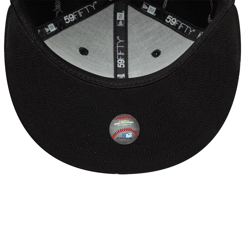 LA Dodgers MLB Wire Black New Era 59FIFTY Fitted Cap, inside view showing grey taping with repeating 59FIFTY branding, a grey sweatband, and the black undervisor with an MLB holographic sticker at the centre.