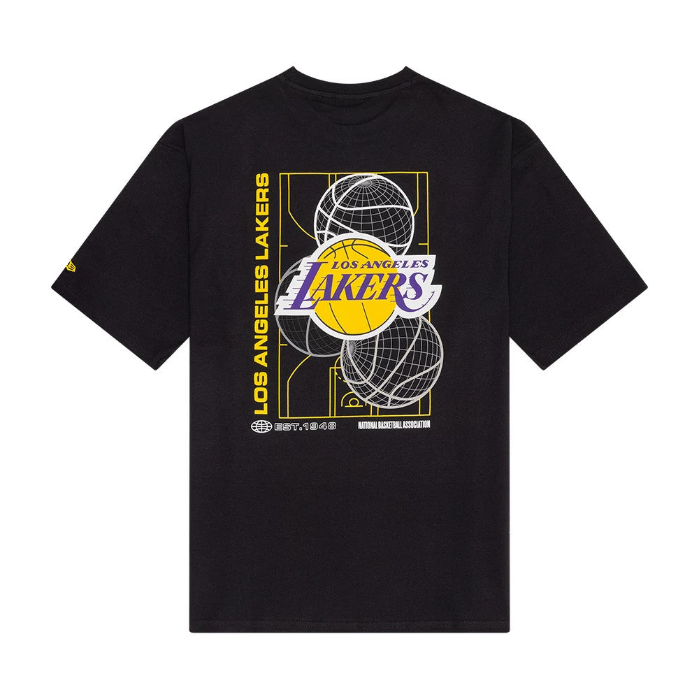 New Era LA Lakers NBA Basketball Heritage Graphic Black Oversized T-Shirt, front view highlighting a graphic with a yellow basketball and team logo, yellow Los Angeles Lakers text vertically along the side.